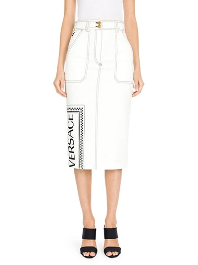 Shop Versace New Millenials Denim Skirt In Denim Ecru