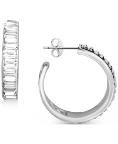 Shop Essentials Crystal Baguette Small 1" Hoop Earrings In Silver