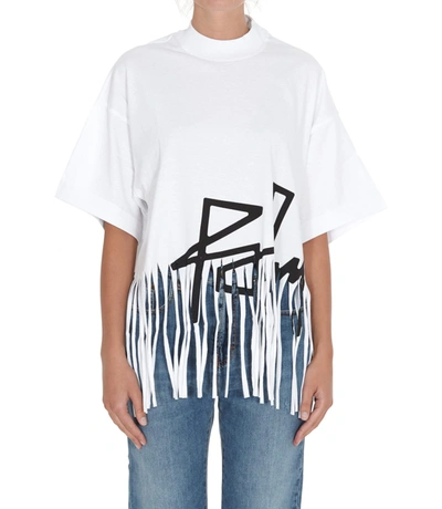 Shop Palm Angels Fringed Logo Tshirt In White