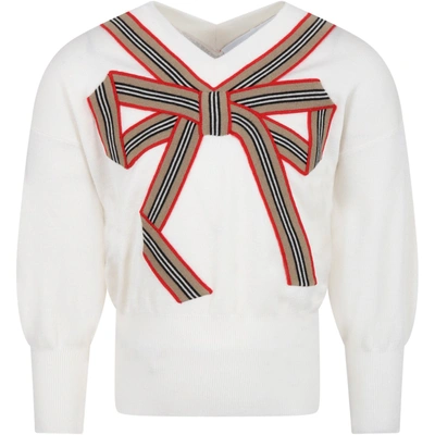 Shop Burberry Ivory Sweater For Girl With Bow
