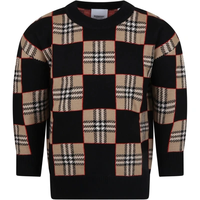 Shop Burberry Black Sweater For Kids With Vintage Check In Beige