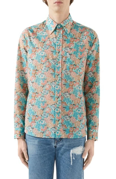 Shop Gucci X Liberty London Floral Print Cotton Muslin Button-up Shirt In Turquoise/ Pink/ Mc