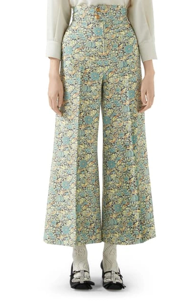 Shop Gucci X Liberty London Floral Print Wool & Mohair Crop Pants In Caribbean/ Navy
