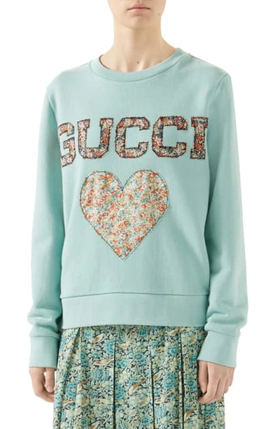 Shop Gucci X Liberty London Floral Print Applique Organic Cotton Sweatshirt In Sky Haze/ Mul