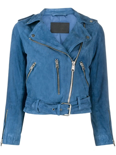 Shop Allsaints Suede Zip-up Biker Jacket In Blue