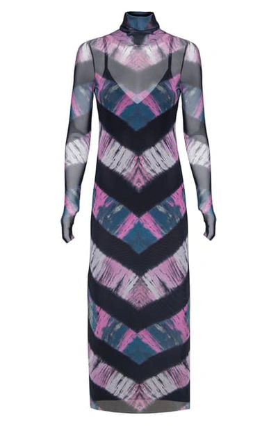 Shop Afrm Shailene Sheer Long Sleeve Dress In Pink/ Navy Chevron Tie Dye