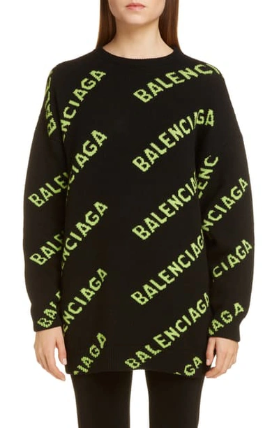 Shop Balenciaga Oversize Logo Jacquard Wool Blend Sweater In 1382 Dark Grey/ White