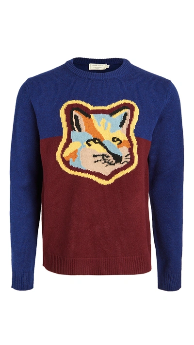 Shop Maison Kitsuné Wool Colorblock Fox Head Crew Neck Sweater In Navy Burgundy