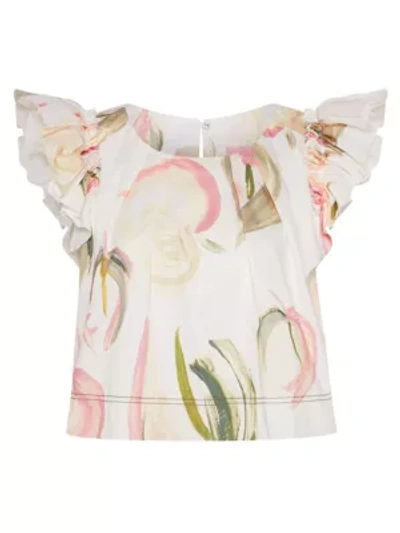Shop Aje Imprint Ruffle-sleeve Cropped Top In Painterly Lace Leaf