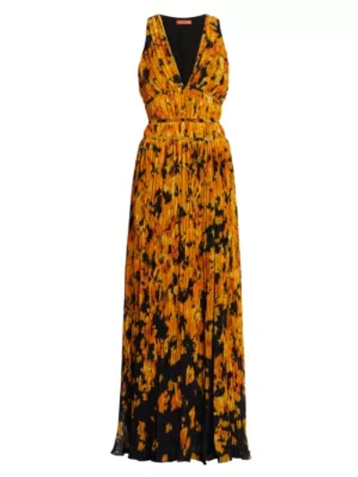 Shop Altuzarra Layla Sleeveless Pleated Floral Gown In Flame Ikat