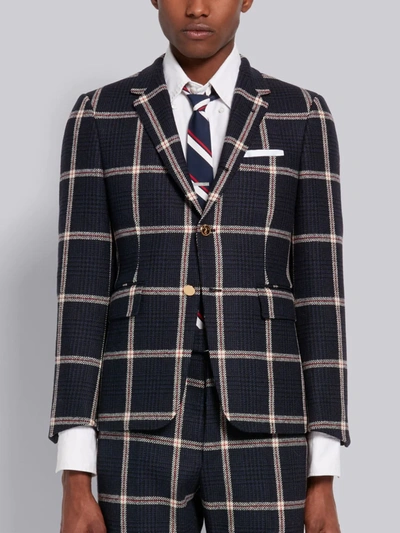 Shop Thom Browne Navy Overcheck Prince Of Wales Wool Hunting Tweed Classic Sport Coat In Blue