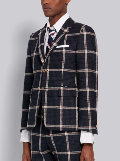 Shop Thom Browne Navy Overcheck Prince Of Wales Wool Hunting Tweed Classic Sport Coat In Blue