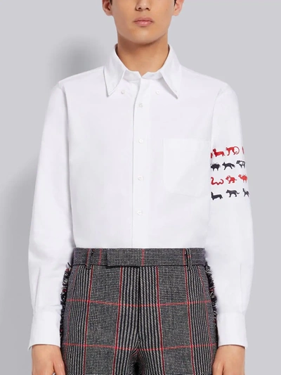 Shop Thom Browne White Cotton Oxford Animal Icon Embroidered 4-bar Straight Fit Long Sleeve Shirt
