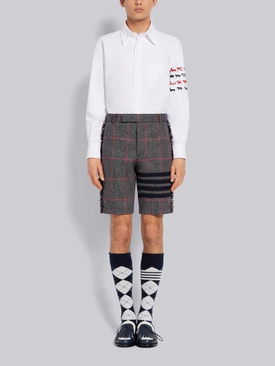 THOM BROWNE WHITE COTTON OXFORD ANIMAL ICON EMBROIDERED 4-BAR STRAIGHT FIT LONG SLEEVE SHIRT