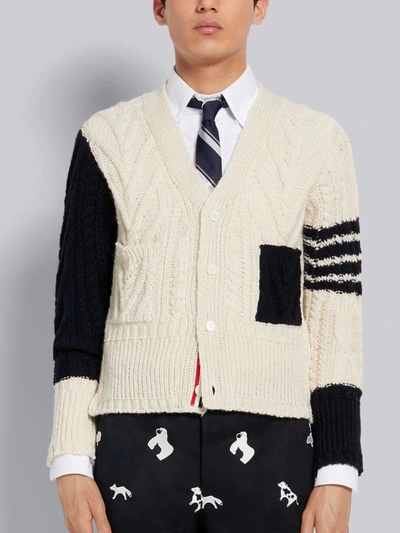 Shop Thom Browne Fun-mix Wool Mohair Tweed Aran Cable Classic 4-bar V-neck Cardigan In White