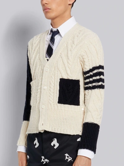 THOM BROWNE FUN-MIX WOOL MOHAIR TWEED ARAN CABLE CLASSIC 4-BAR V-NECK CARDIGAN