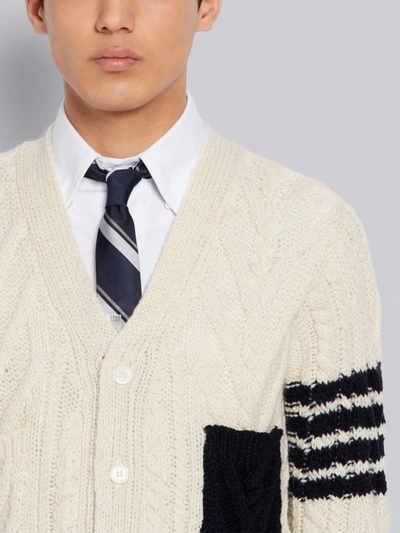 Shop Thom Browne Fun-mix Wool Mohair Tweed Aran Cable Classic 4-bar V-neck Cardigan In White