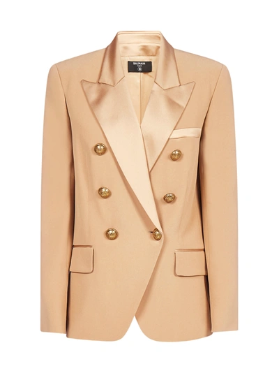 Shop Balmain Double-breasted Oversized Cady Blazer In Camel