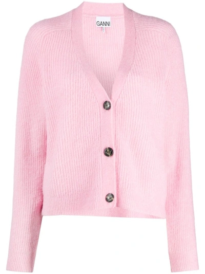 Shop Ganni Button Front V-neck Cardigan In Pink
