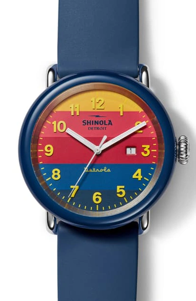 Shop Shinola Detrola Silicone Strap Watch, 43mm In Navy/ Yellow/ Navy
