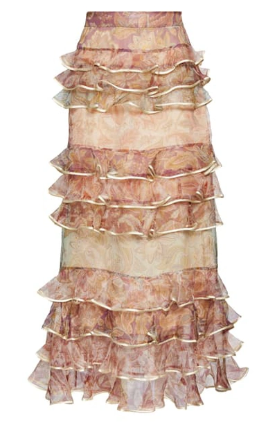 Shop Zimmermann Lucky Paisley Tiered Ruffle Silk Skirt In Spliced Jacobean