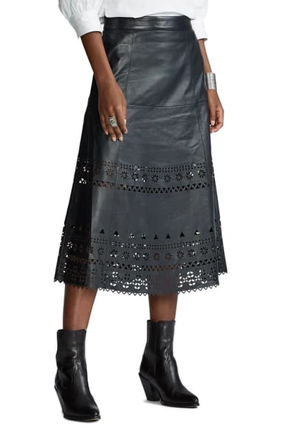 Shop Polo Ralph Lauren Perforated Lambskin Leather A-line Midi Skirt In Polo Black
