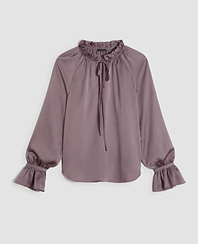 Shop Ann Taylor Shirred Ruffle Tie Neck Blouse In Toasted Taupe
