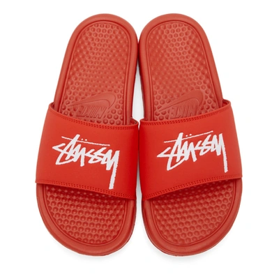 Shop Nike Red Stussy Edition Benassi Sandals In Red/white