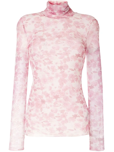 Shop Ganni Sheer Floral-print Roll-neck Top In Pink