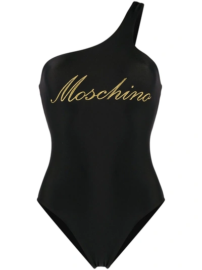 Shop Moschino Embroidered Logo Swimsuit In Black