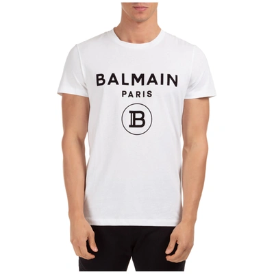 Shop Balmain Men's Short Sleeve T-shirt Crew Neckline Jumper Logo In White