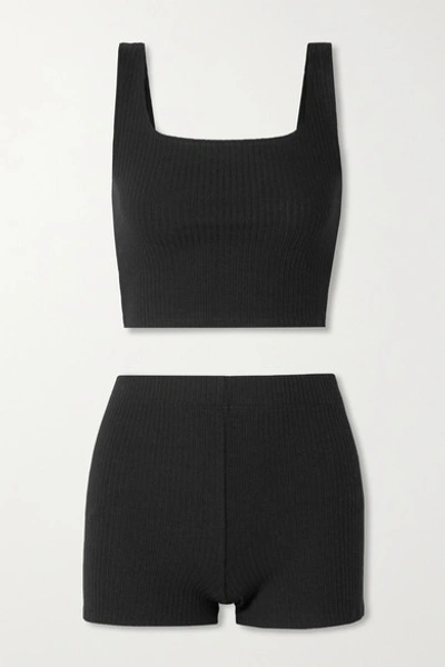 Shop Reformation Mathilde Ribbed-knit Tank And Shorts Set In Black