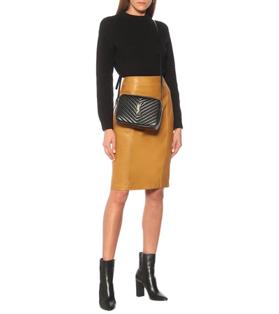 Shop Saint Laurent Leather Pencil Skirt In Brown
