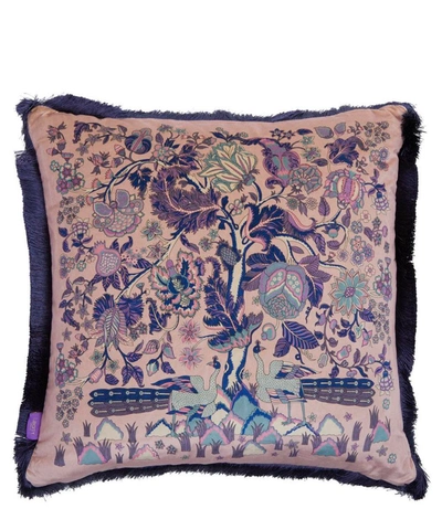 Shop Liberty Tree Of Life Square Fringed Velvet Cushion In Pink
