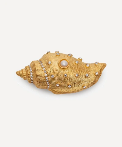 Shop Kenneth Jay Lane Gold-plated Crystal And Faux Pearl Shell Brooch