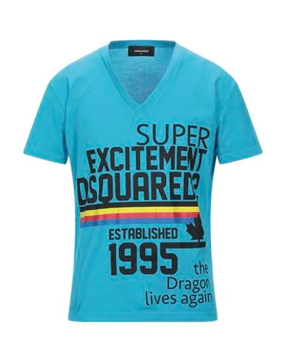 Shop Dsquared2 Man T-shirt Turquoise Size S Cotton In Blue