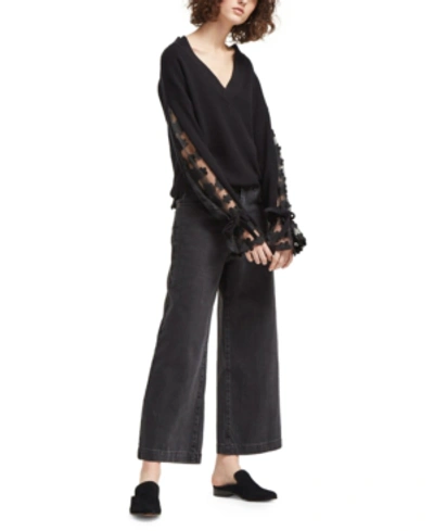 Shop French Connection Cotton Lace Bell-sleeve Top In Black Black