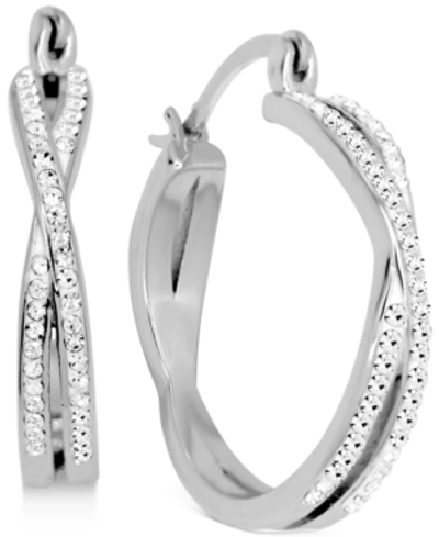 Essentials Crystal Small Crossover Hoop Earrings, 0.95" In Silver Plate Or Gold Plate In Silver