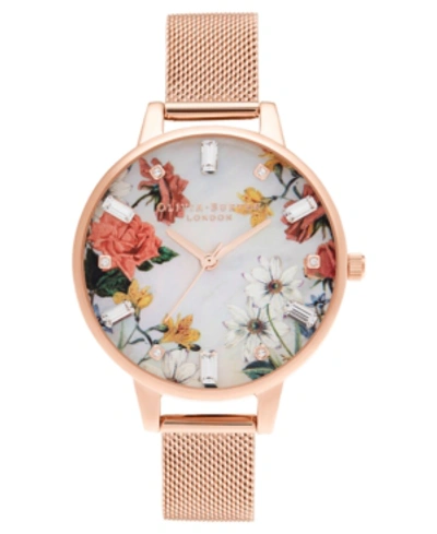 Shop Olivia Burton Women's Sparkle Floral Rose Gold-tone Mesh Bracelet Watch 34mm