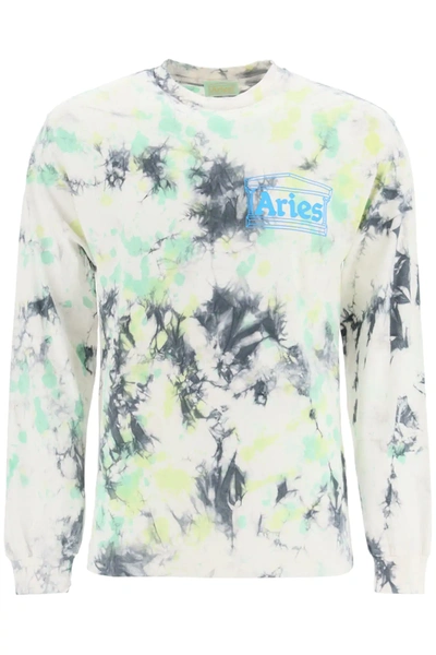 Shop Aries Tie-dye T-shirt With Logo Print In White,black,green