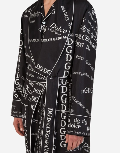 Shop Dolce & Gabbana Silk Robe With All-over Dg Logo Print In Black/white