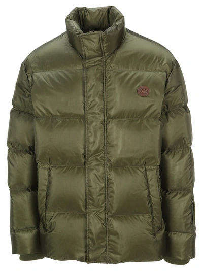 Shop Gucci Think/thank Print Nylon Down Jacket In Military Green
