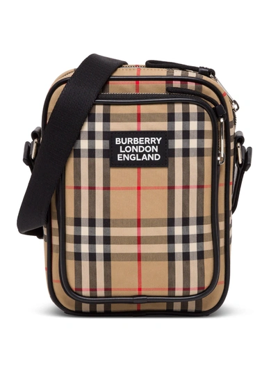 Shop Burberry Shoulder Bag In Vintage Check Fabric In Beige