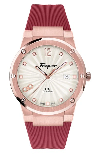 Shop Ferragamo F-80 Classic Rubber Strap Watch, 41mm In Red/ White/ Rose Gold