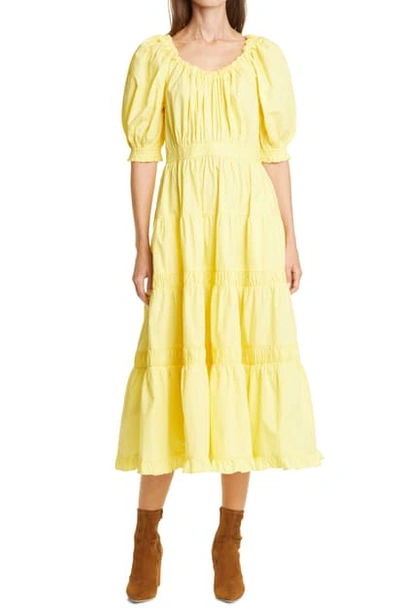 Shop Ulla Johnson Puff Sleeve Ruffle Midi Dress In Citrine