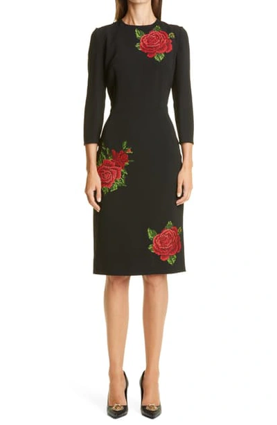 Shop Dolce & Gabbana Rose Embroidered Crepe Cady Sheath Dress In S8400 Nero