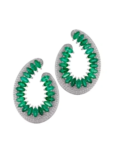 Shop Hueb Women's Mirage 18k White Gold, Diamond & Emerald Front-facing Hoop Earrings