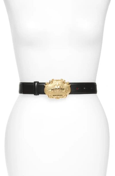 Shop Moschino Made In Heaven Buckle Leather Belt In Black/ Gold