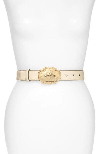 Shop Moschino Made In Heaven Buckle Leather Belt In Ivory/ Gold