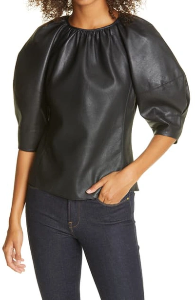Shop Rebecca Taylor Faux Leather Puff Sleeve Blouse In Black